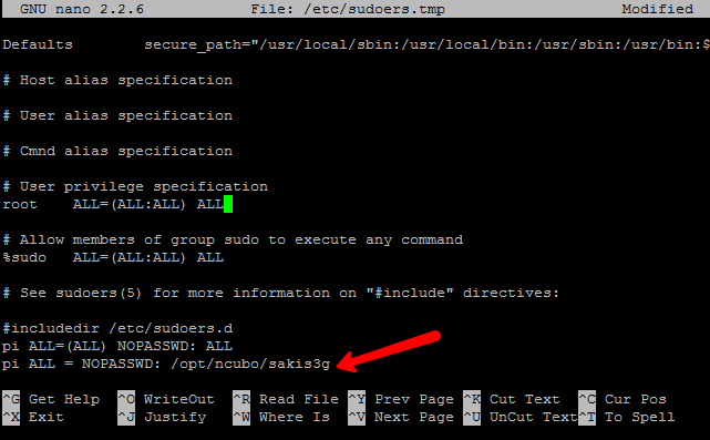 Archivo sudoers abierto con visudo, con la línea «pi ALL = NOPASSWD: /opt/ncubo/sakis3g» añadida al final