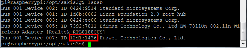 Salida de lsusb en la Raspberry Pi con el ID 12d1:1436 de la Data Card Huawei resaltado
