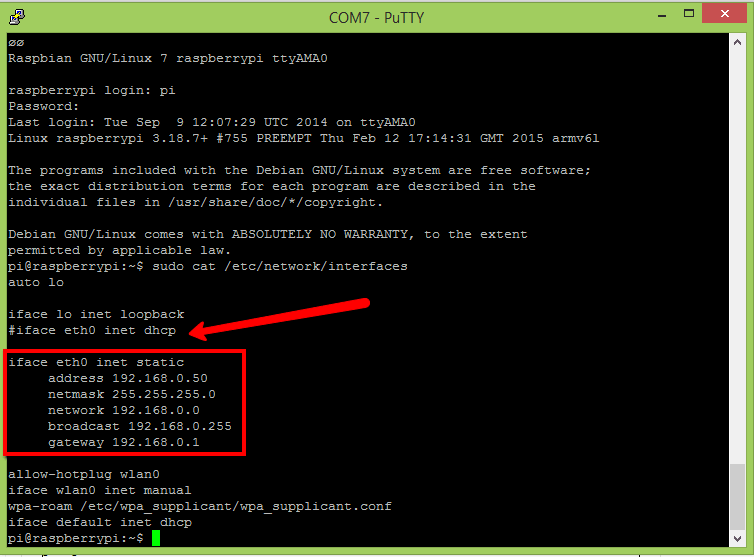 Archivo /etc/network/interfaces con eth0 en modo estático: address 192.168.0.50, netmask, network, broadcast y gateway 192.168.0.1
