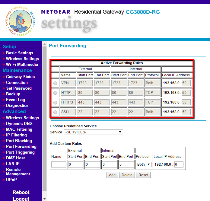 Port Forwarding en un router Netgear: reglas VPN (1723), HTTP (80), HTTPS (443) y SSH (22) hacia 192.168.0.50