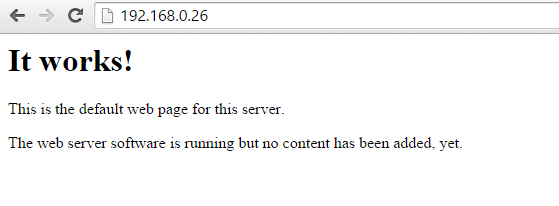 Navegador abriendo la IP local 192.168.0.26 de la RPI y mostrando la página por defecto de Apache «It works!»