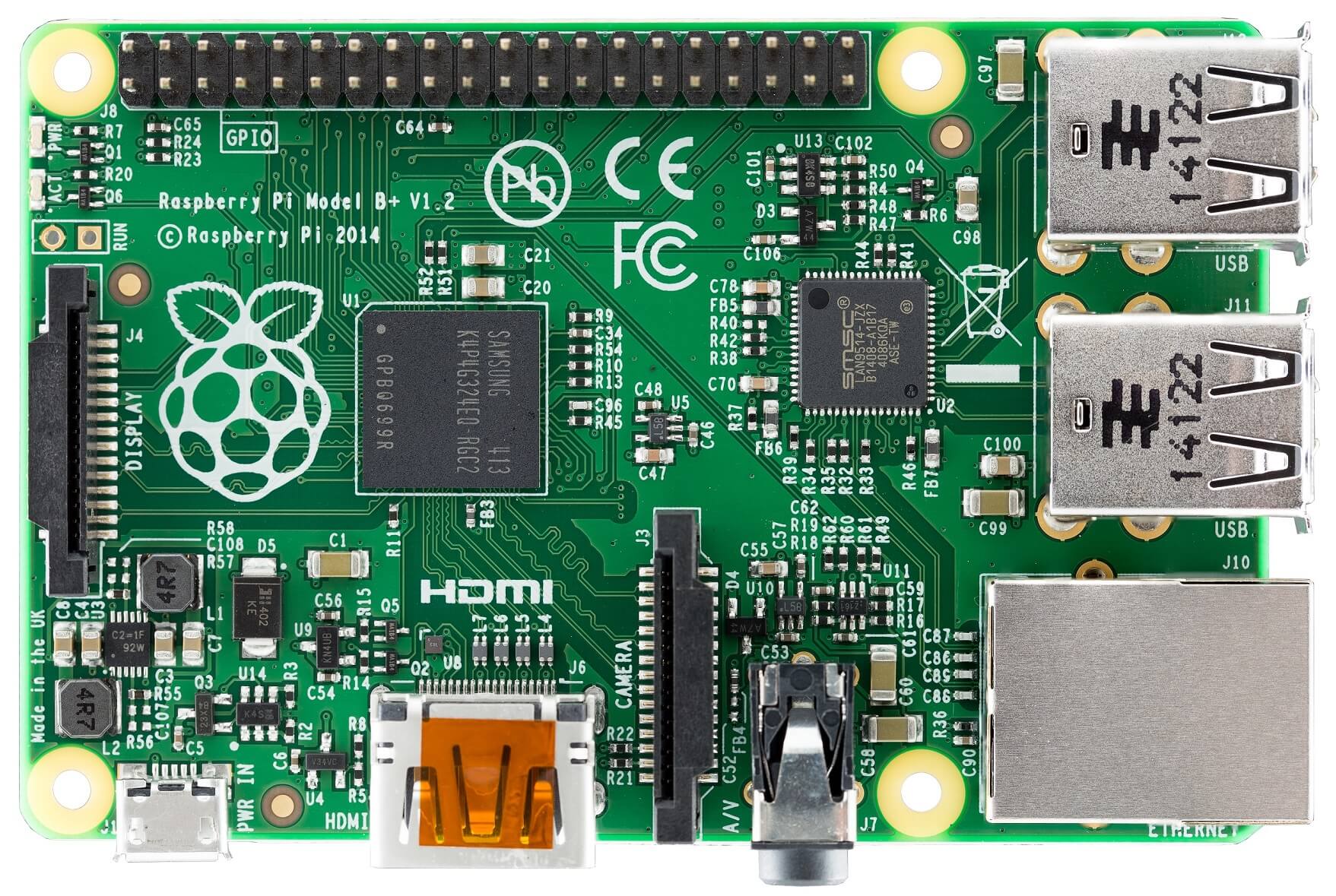 Placa Raspberry Pi Model B+ vista desde arriba, el hardware usado como servidor web