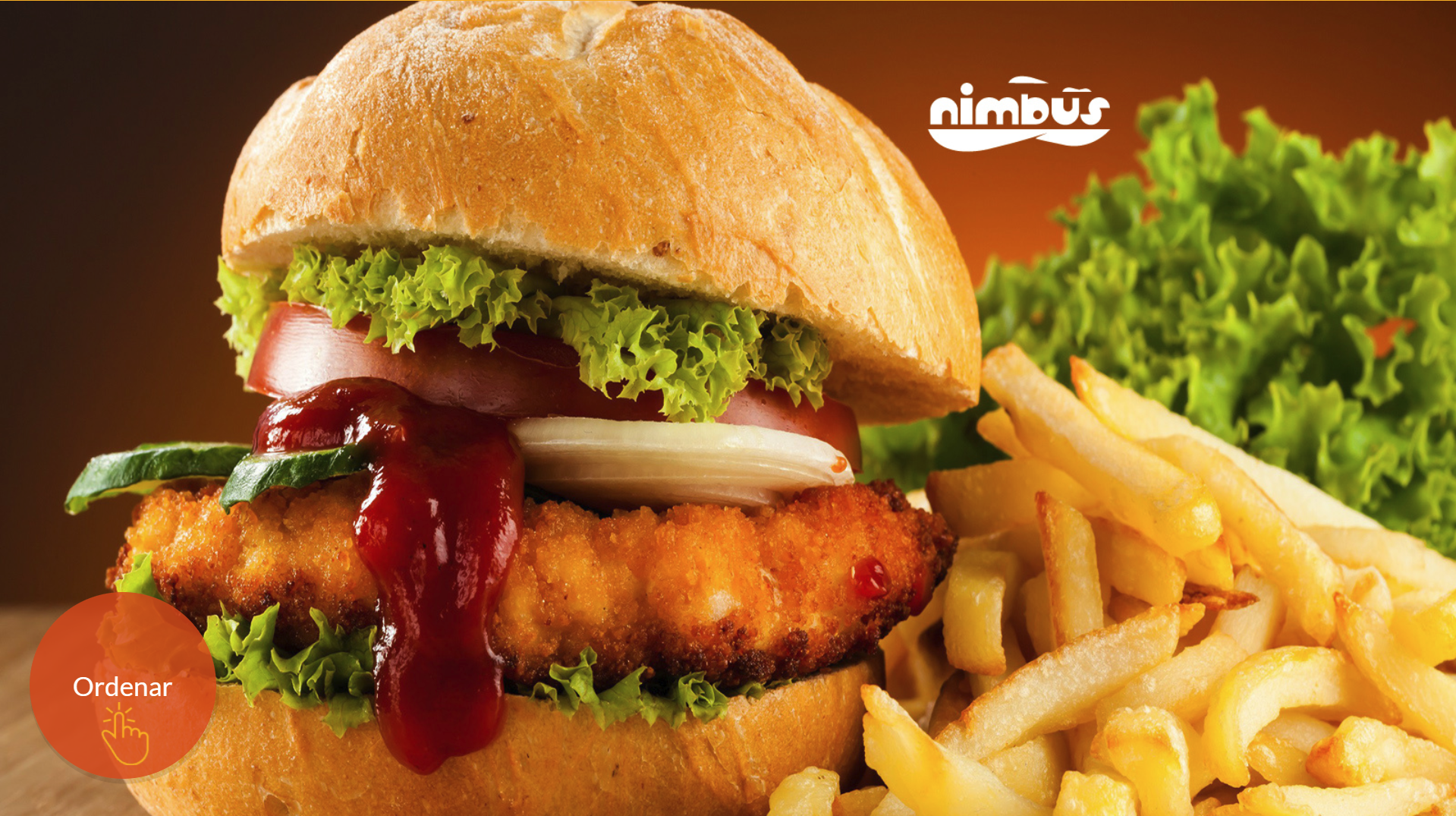 Otra pantalla de bienvenida con una hamburguesa y papas, el logo de Nimbus y el botón «Ordenar»