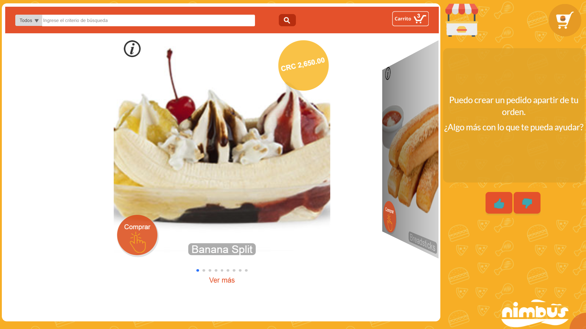 Tienda Nimbus con un Banana Split y el chatbot ofreciendo crear un pedido a partir de la orden