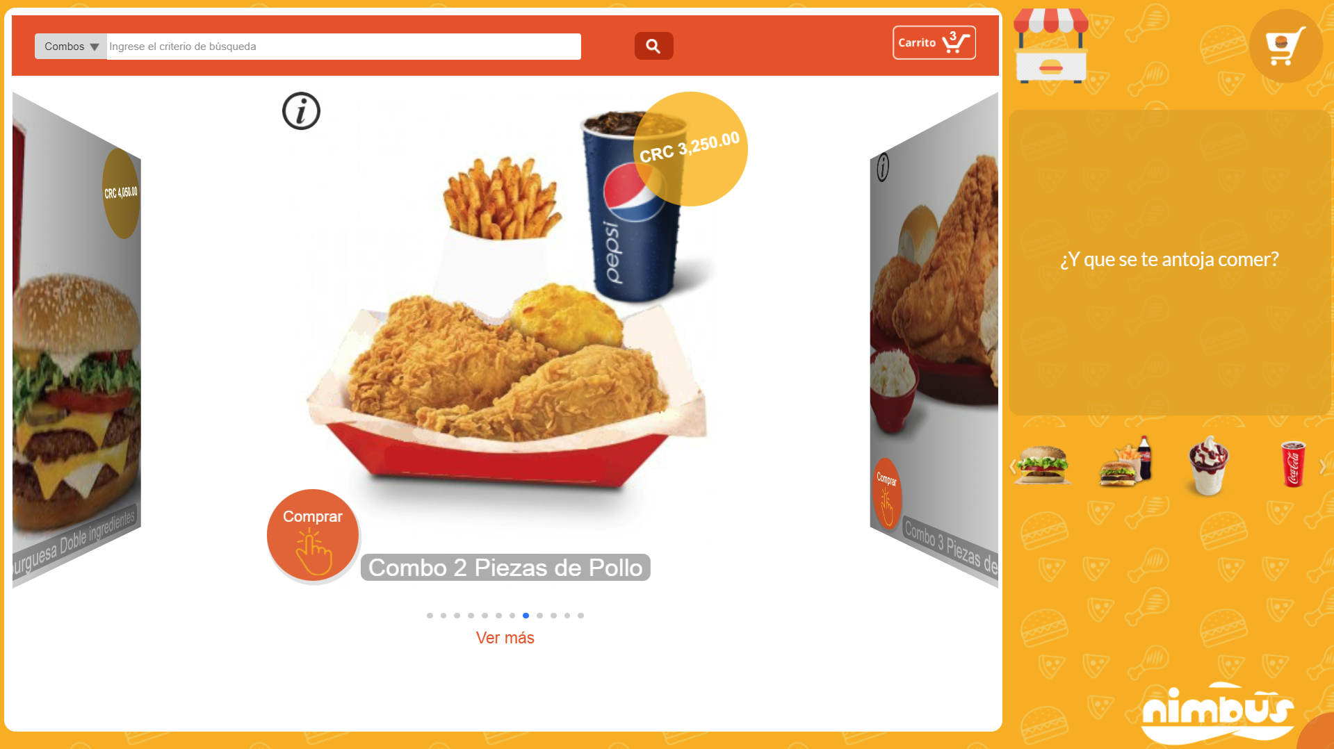 Tienda Nimbus integrada en el kiosco mostrando un combo de pollo y, al lado, el chatbot preguntando «¿Y qué se te antoja comer?»