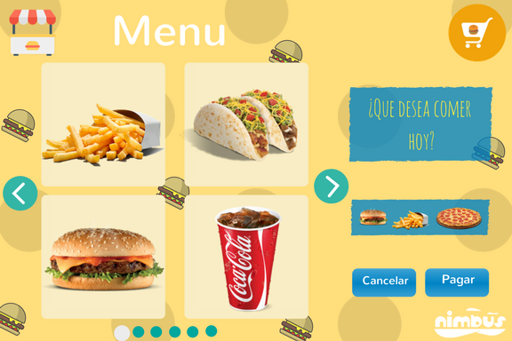 Propuesta de diseño de la interfaz: menú con productos, mensaje del chatbot «¿Qué desea comer hoy?» y botones Cancelar y Pagar