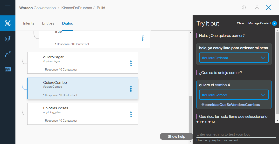 Diálogo del bot en Watson Conversation probado en el panel «Try it out» con las intenciones #quiereOrdenar y #quiereCombo