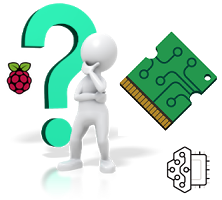 Muñeco pensativo junto a un signo de interrogación, una Raspberry Pi y componentes electrónicos