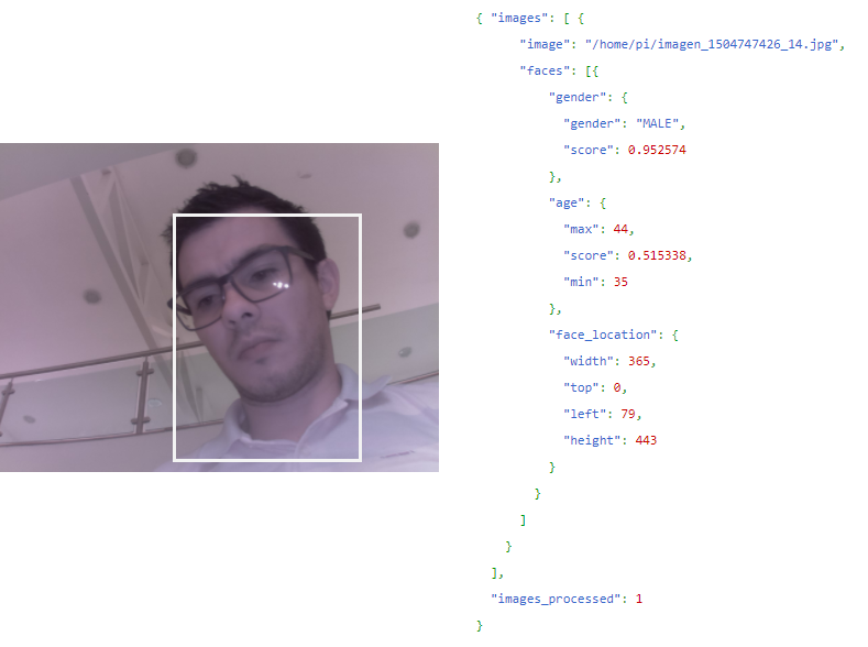 Rostro capturado por la cámara y respuesta JSON de Watson Visual Recognition con género MALE y rango de edad 35-44