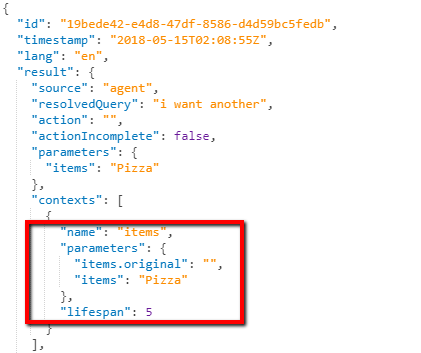 Dialogflow JSON response highlighting an “items” context with the value Pizza and a lifespan of 5