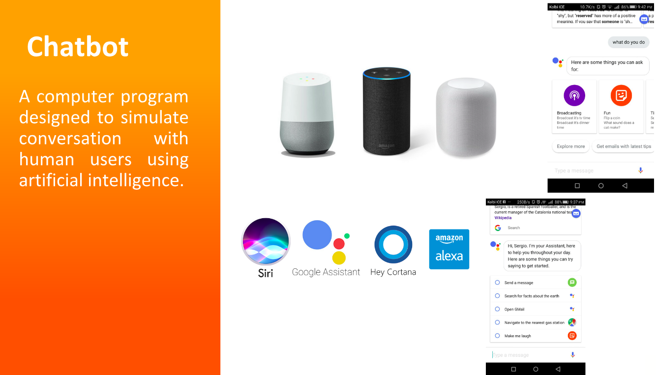 Slide defining a chatbot, with smart speakers and Siri, Google Assistant, Cortana and Alexa as examples