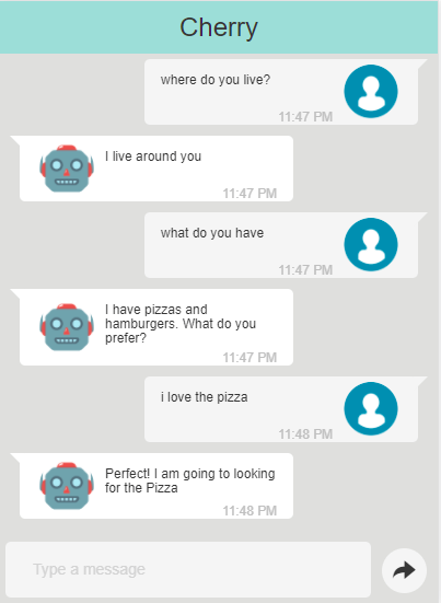 Chat with the Cherry bot: the user says they love pizza and the bot replies it will look for the pizza