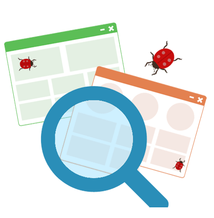 Illustration of a magnifying glass over application windows with bugs