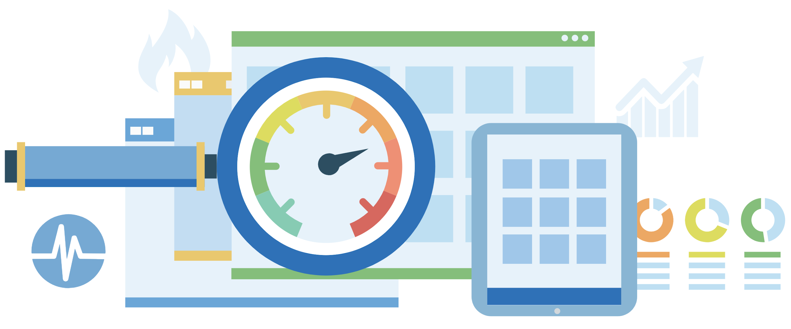 Illustration of a speedometer over web and tablet screens with charts, representing application performance