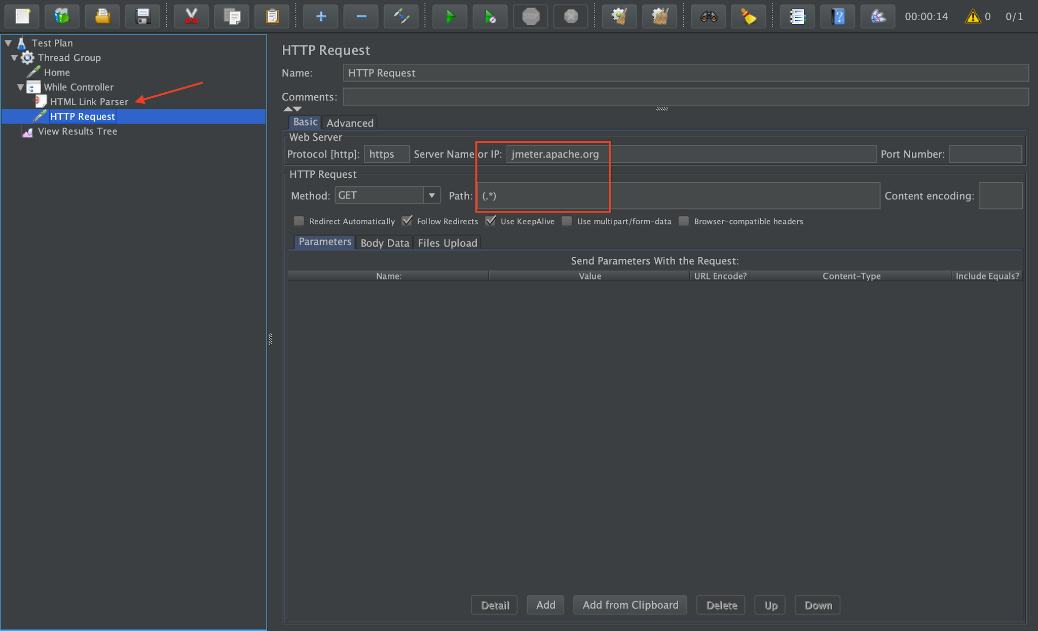 JMeter HTML Link Parser inside a While Controller, with an HTTP Request to jmeter.apache.org using the path (.*)