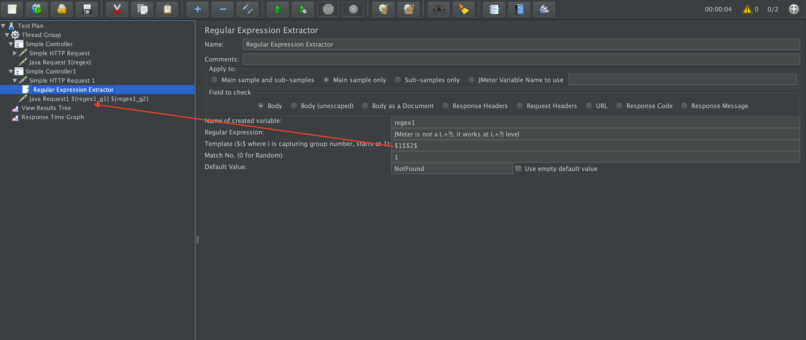 JMeter Regular Expression Extractor saving two capture groups into regex1, reused by a later Java Request