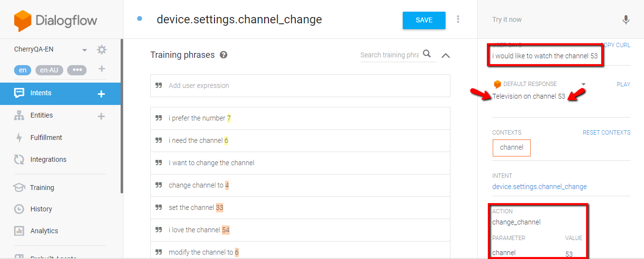 Dialogflow channel_change intent: training phrases, and a test detecting action change_channel with channel 53