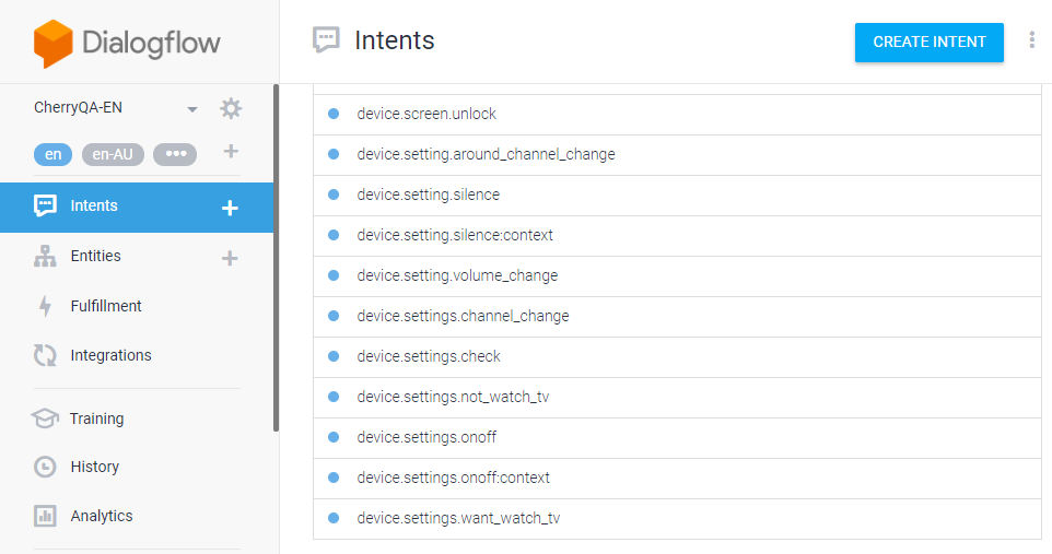 Dialogflow console listing the agent’s TV intents, such as device.settings.channel_change and device.setting.volume_change