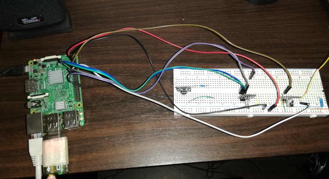 Raspberry Pi wired to a protoboard with the IR receiver and IR transmitter circuit