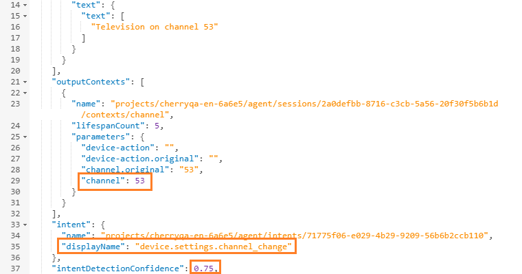 Dialogflow JSON response with the channel parameter 53, intent device.settings.channel_change and confidence 0.75