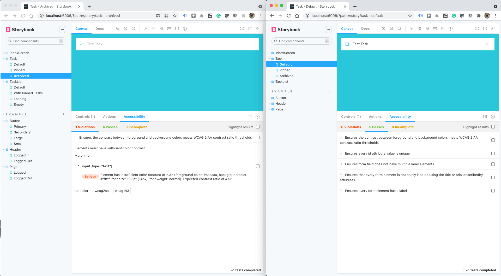 Storybook Accessibility panel: one story with a color contrast violation and another with 0 violations and 5 passes