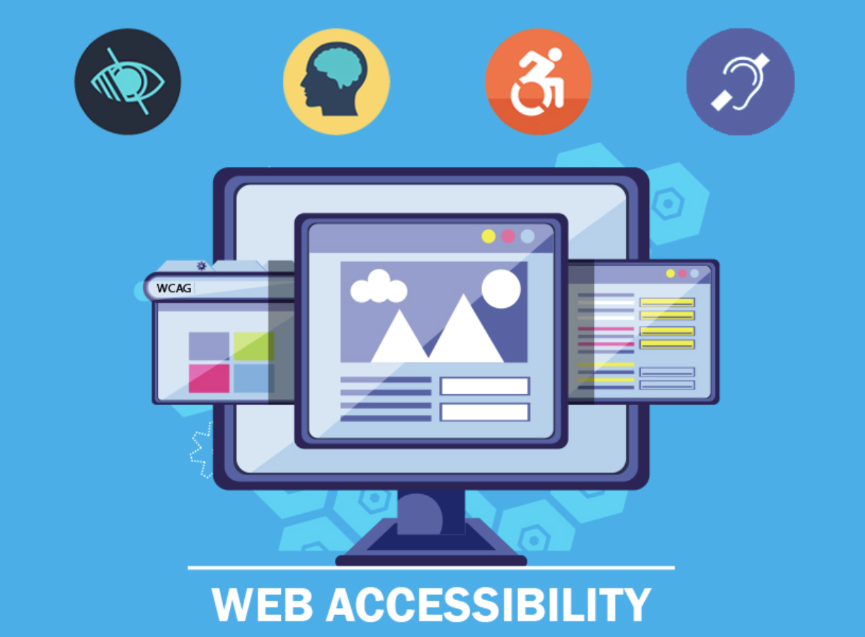 Web accessibility illustration: icons for visual, cognitive, motor and hearing impairments above a screen with a WCAG window